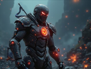 Naklejka premium Epic battle of futuristic warrior in volcanic landscape scene