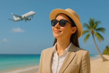 Young Businesswoman Dreaming of Travel in Tropical Scenery, Wearing Sunglasses and Hat, Airplane Overhead, Relaxing on Beach, Ideal for Travel and Vacation Themes