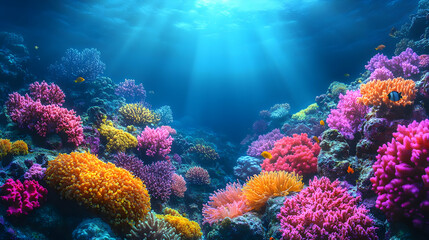 Fototapeta premium Vibrant Underwater Coral Reef Scene with Colorful Fish and Sunbeams