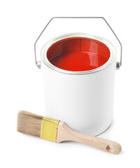 Can of red paint and brush isolated on white