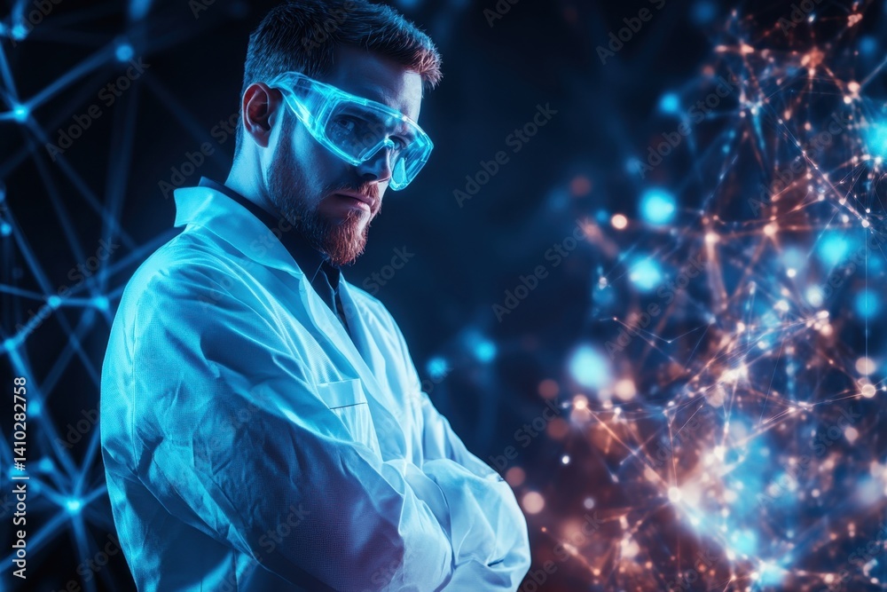 Poster scientist in lab coat analyzes data with digital visualizations in a modern laboratory setting