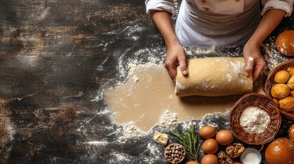 A skilled baker expertly rolls out a golden dough log on a dark rustic wooden table surrounded by fresh eggs, walnuts, rosemary, and flour for baking delicious bread.