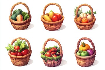 Fresh Produce in Wicker Baskets.  Assortment of colorful fruits and vegetables displayed in rustic baskets.  Each basket contains a variety of produce, showcasing a bounty of fresh ingredients