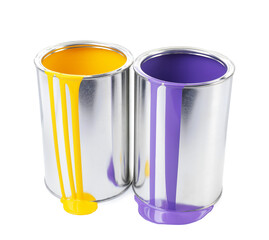 Cans of violet and yellow paints isolated on white