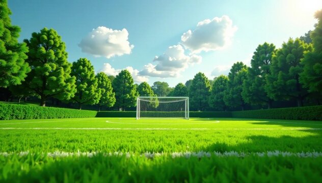 Green lush soccer field with goal conner in the center , soccer, stadium