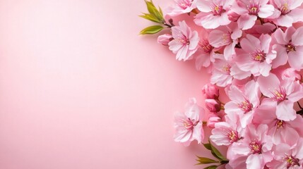 Delicate Pink Cherry Blossoms on Soft Pink Background with Lush Green Leaves for Spring Floral Decoration