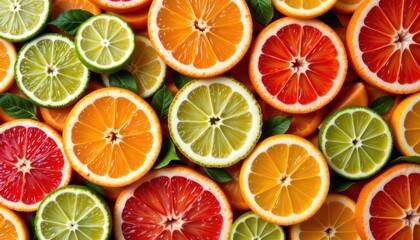 Obraz premium Fruity Citrus Medley: Design a colorful background featuring slices of various citrus fruits, including limes, grapefruits, and mandarins.