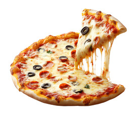 Delicious pepperoni pizza with melted cheese being lifted on transparent background