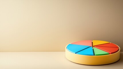A vibrant colorful pie chart graphic sits on a neutral beige surface against a minimalist background perfect for presentations or data visualizations showcasing various segments