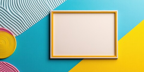 graphic design templates, a modern graphic postcard template with vibrant geometric patterns and a central empty frame for personalized messages, in autistic pride day color schemes