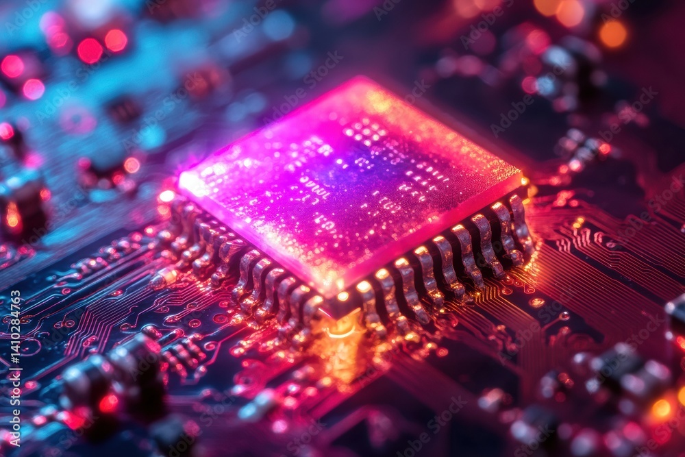Fototapete close up of a computer circuit board with a processor chip and semiconductors