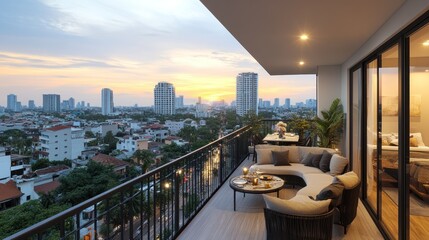 Fototapeta premium City view balcony with seating, plants, and dining at sunset. Warm lighting