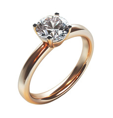Golden ring showing big brilliant diamond on transparent background