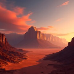 Naklejka premium Desert mountain range during sunset, red and orange hues