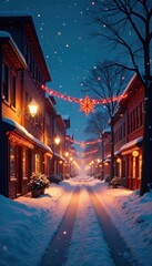 Fototapeta premium Snowy city street at night with festive lights and decorations , christmas, night