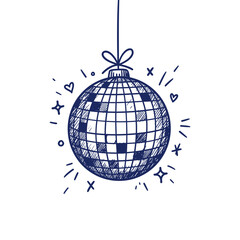 a hanging disco ball with sparkles, contemporary hand drawn vector graphic, minimalist decorative element and retro 70s party symbol illustration