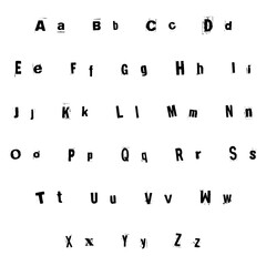 Grunge style English alphabet with rough textured edges, featuring uppercase and lowercase letters in a bold cutout design for graphic use