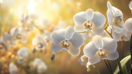 Naklejka na ściany i meble Sunlight illuminates a cluster of delicate white orchids.