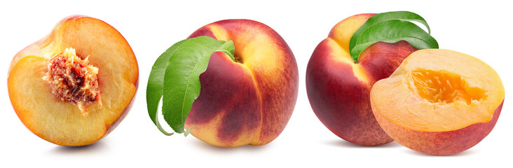 set of peaches with leaves isolated on a white background
