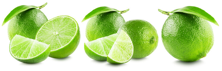 set of limes with leaves isolated on a white background