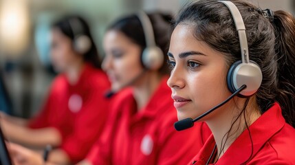 A focused woman in a headset works alongside colleagues, all in red uniforms, in a busy call center environment.