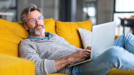 Fototapeta premium A relaxed man with glasses enjoys working on a laptop while seated on a cozy yellow couch, creating a warm and inviting atmosphere.