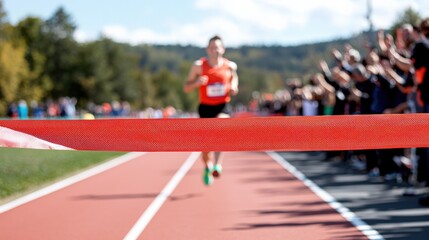 A runner crosses the finish line, celebrating victory amidst a cheering crowd on a sunny day.