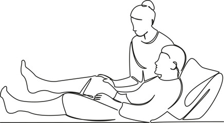 One continuous single drawing line art flat doodle patient, nurse, senior, hospital, doctor, medical, support. Isolated image hand draw contour on a white background, hand drawn, not AI