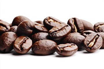 Close-up of brown coffee beans, highlighting their texture and details against a white background