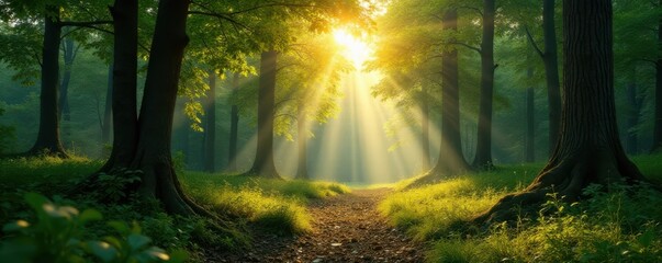 Obraz premium Panorama of forest with sunlight filtering through trees, sunlight, forest