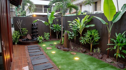 Obraz premium Tranquil backyard garden design featuring a waterfall, lush plants and soft lighting