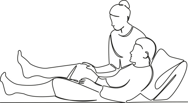 One continuous single drawing line art flat doodle patient, nurse, senior, hospital, doctor, medical, support. Isolated image hand draw contour on a white background, hand drawn, not AI
