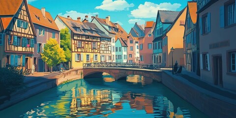 Quaint European city view with colorful buildings lining a canal under a bright blue sky with fluffy clouds