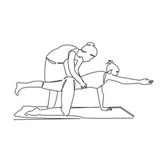 One continuous single drawing line art flat doodle yoga, fitness, trainer, instructor, sport, stretching, workout. Isolated image hand draw contour on a white background, hand drawn, not AI