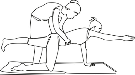 One continuous single drawing line art flat doodle yoga, fitness, trainer, instructor, sport, stretching, workout. Isolated image hand draw contour on a white background, hand drawn, not AI