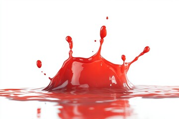 Red liquid splash creates crown shape on white background, reflecting in surface