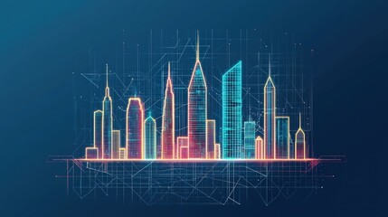 Obraz premium A vibrant digital skyline illustration showcasing futuristic buildings with neon outlines against a dark background.