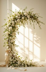 Fototapeta premium A stunning white floral arch adorned with lush greenery and elegant ribbons, creating a romantic and enchanting atmosphere, perfect for weddings or special events.