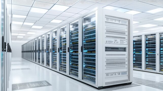 A sleek server room filled with rows of white server cabinets, showcasing organized technology within a modern, well-lit environment.