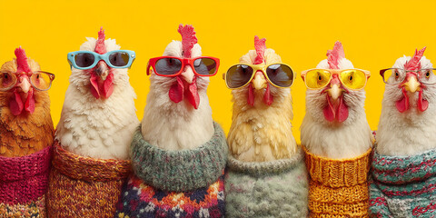 Six chickens wearing sweaters and sunglasses against a yellow background. Humorous image, showcasing fashion and animals.  Perfect for a quirky, fun concept