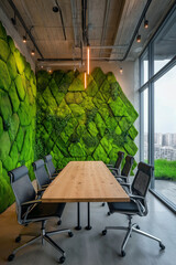 Modern conference room with a large stabilized moss installation forming a geometric pattern on one wall.