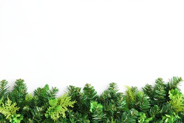 Festive border Lush greenery, varied textures, vibrant colors. Fresh, inviting, and perfect for seasonal designs