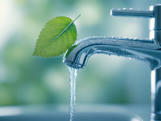 Water Tap With Green Leaf Sustainable Conservation