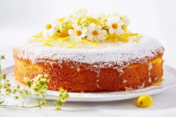 Delicious lemon cake decorated with white flowers and powdered sugar on a white plate