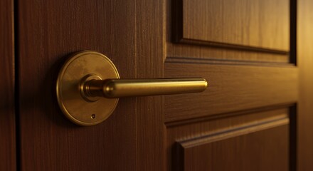 Obraz premium Opening Wooden Door with Golden Handle in Warm Lighting