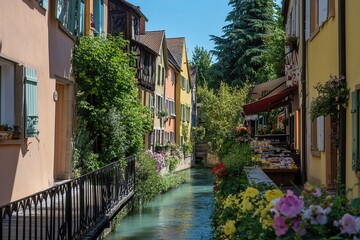 Charming canal town view with colorful buildings and lush greenery