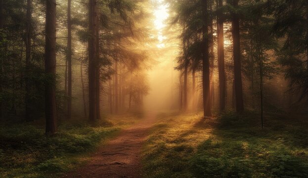 Misty forest path bathed in golden sunlight