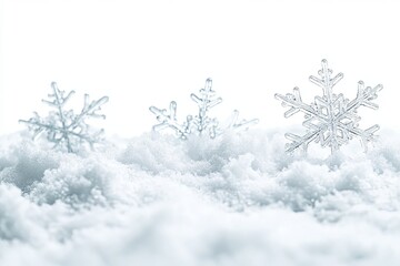 Three snowflakes rest on fluffy snow, showcasing winter's icy beauty against a clean white background