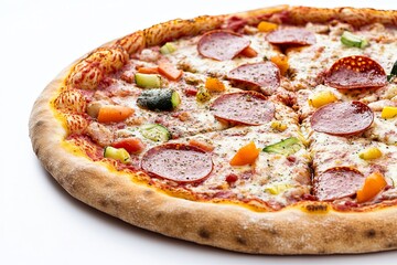 Pepperoni pizza with colorful veggies, fresh and hot from the oven. Mouth-watering view of a delicious dish