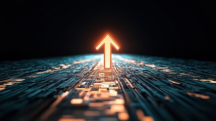 A glowing upward arrow is prominently displayed over a digital pathway, suggesting progress and innovation in a futuristic environment.